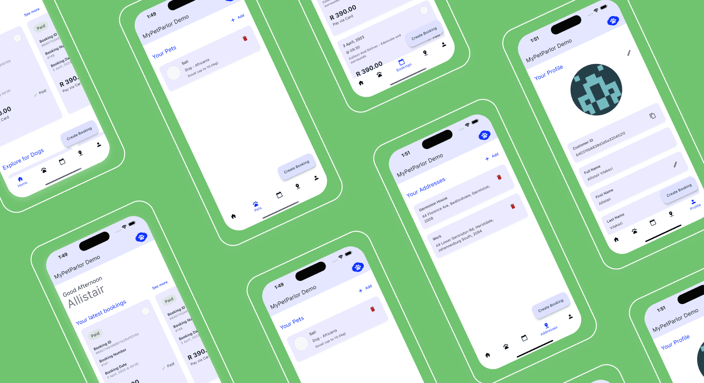 A light green background with a collage of screenshots of the MyPetParlor App